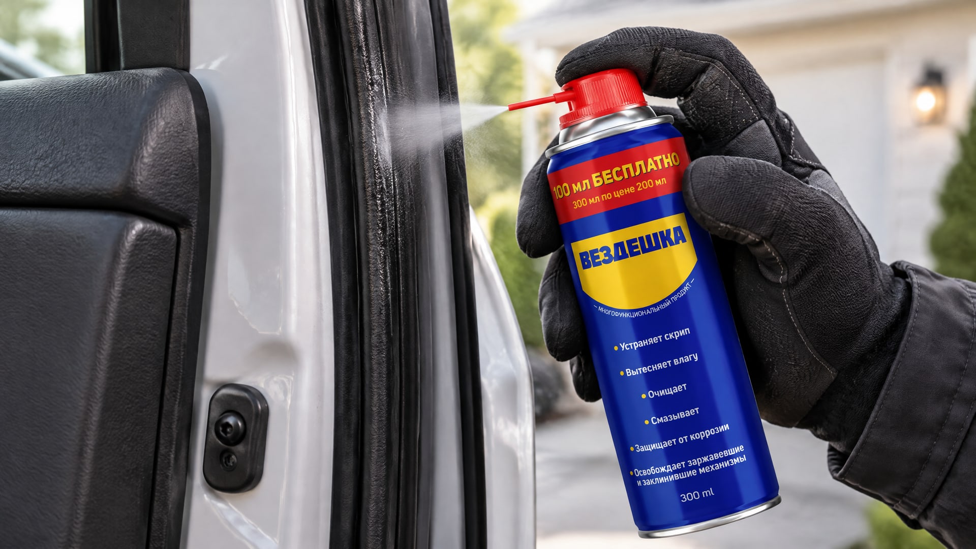 Рука в перчатке наносит универсальную смазку wd-40 на уплотнители двери автомобиля.