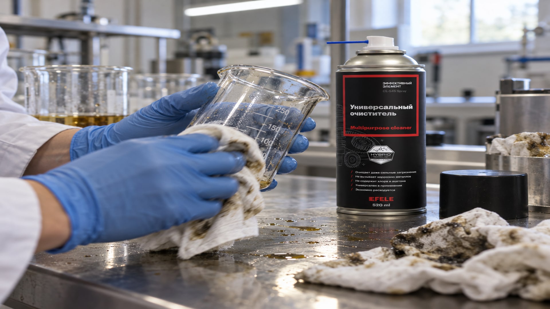 Универсальный очиститель EFELE CL-545 Spray наносится на лабораторное оборудование.