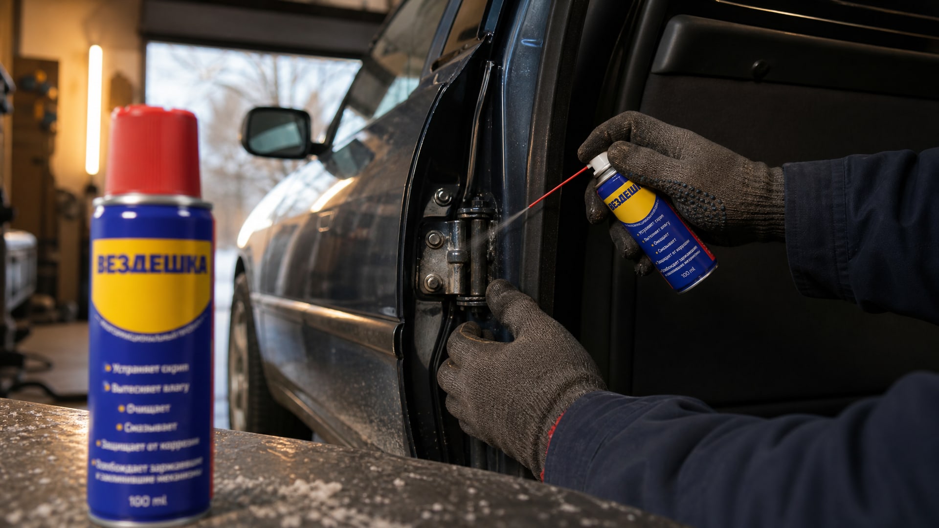 Рука в перчатке наносит универсальную смазку WD-40 на дверные петли.