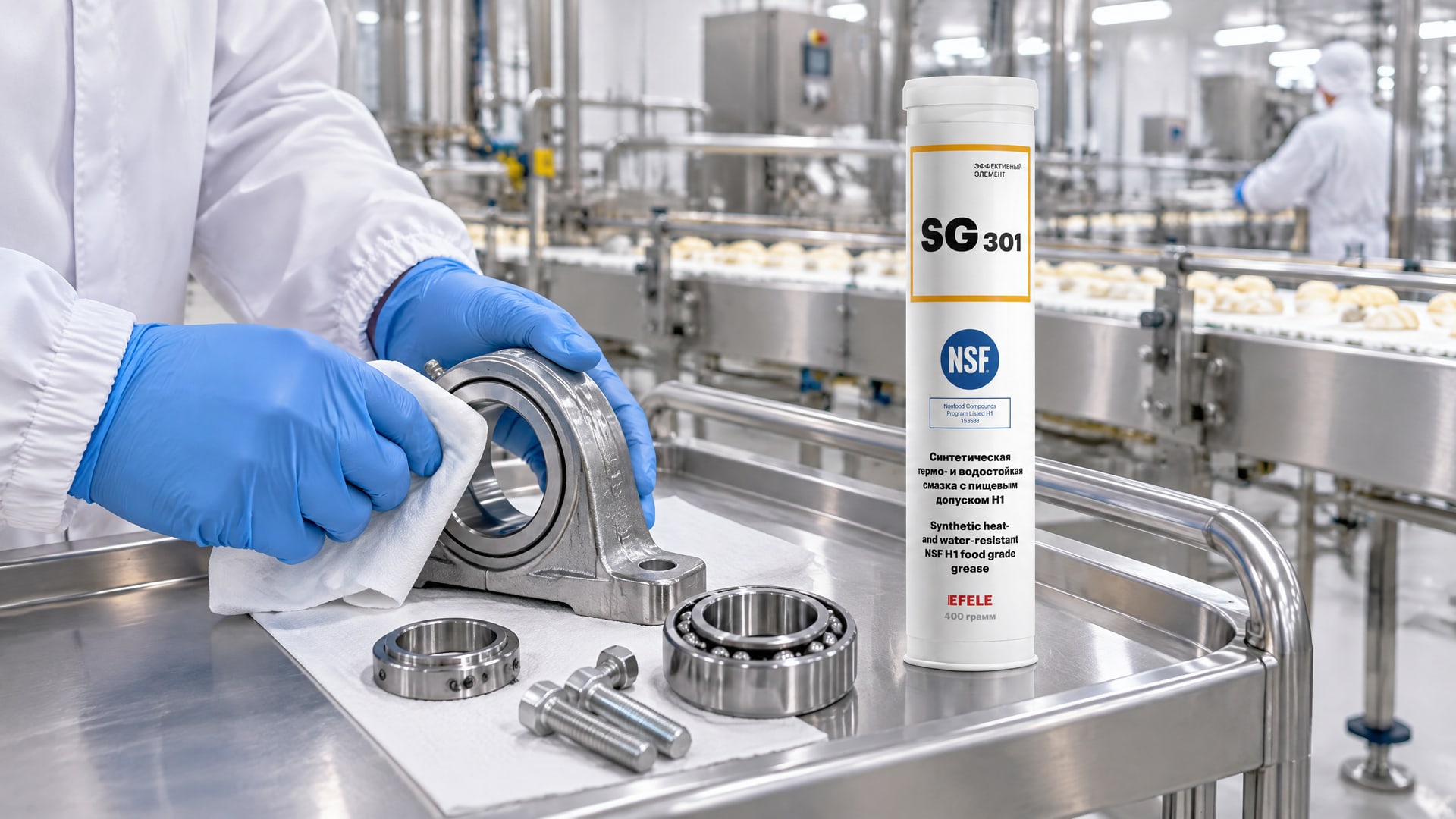 Работник наносит смазку EFELE SG-301 на подшипники конвейера.