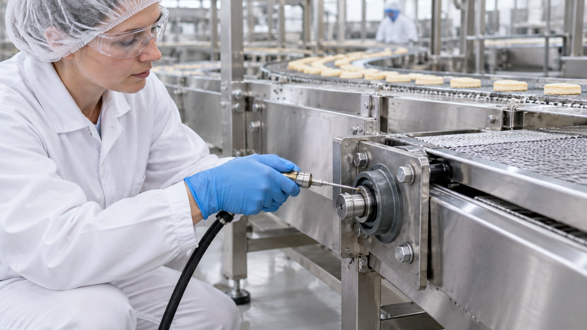 Работник наносит смазки h1 аудит haccp на движущийся механизм конвейерной ленты.