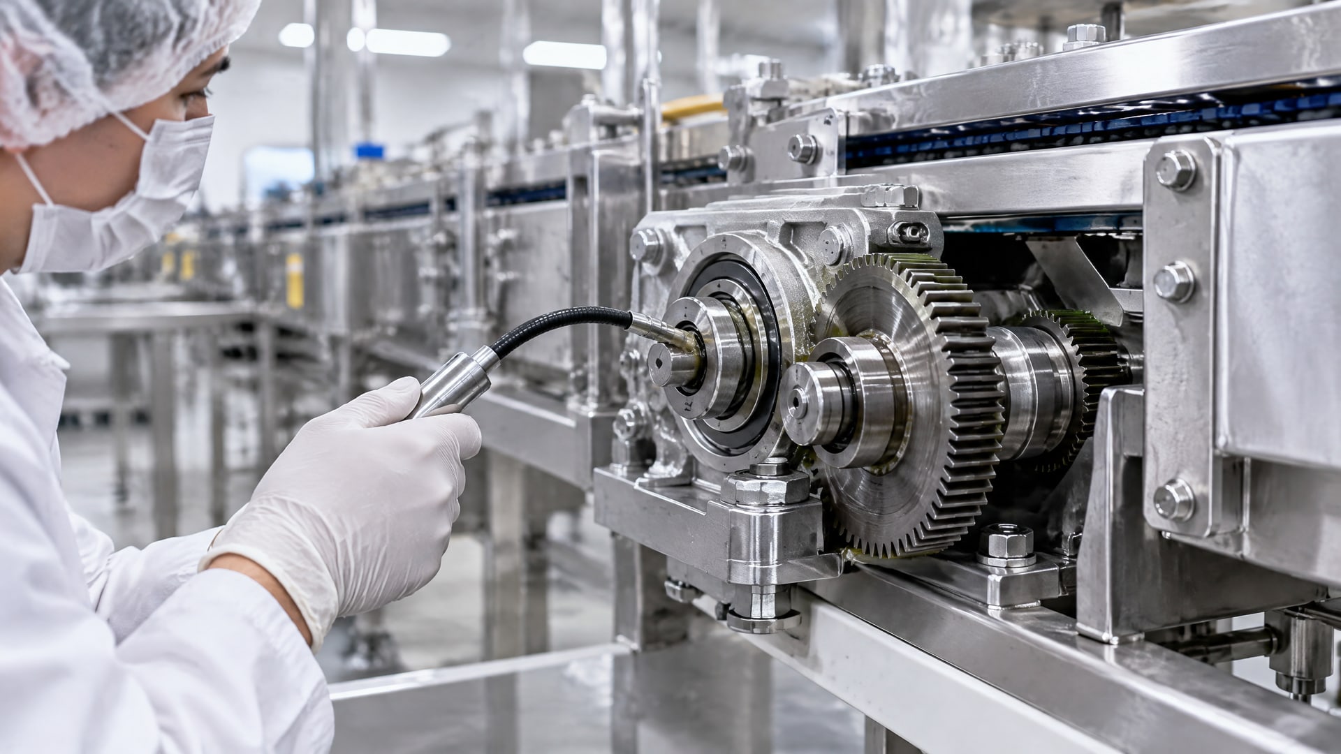 Чистые шестерни и подшипники газового затвора конвейера покрыты тонкой смазкой.