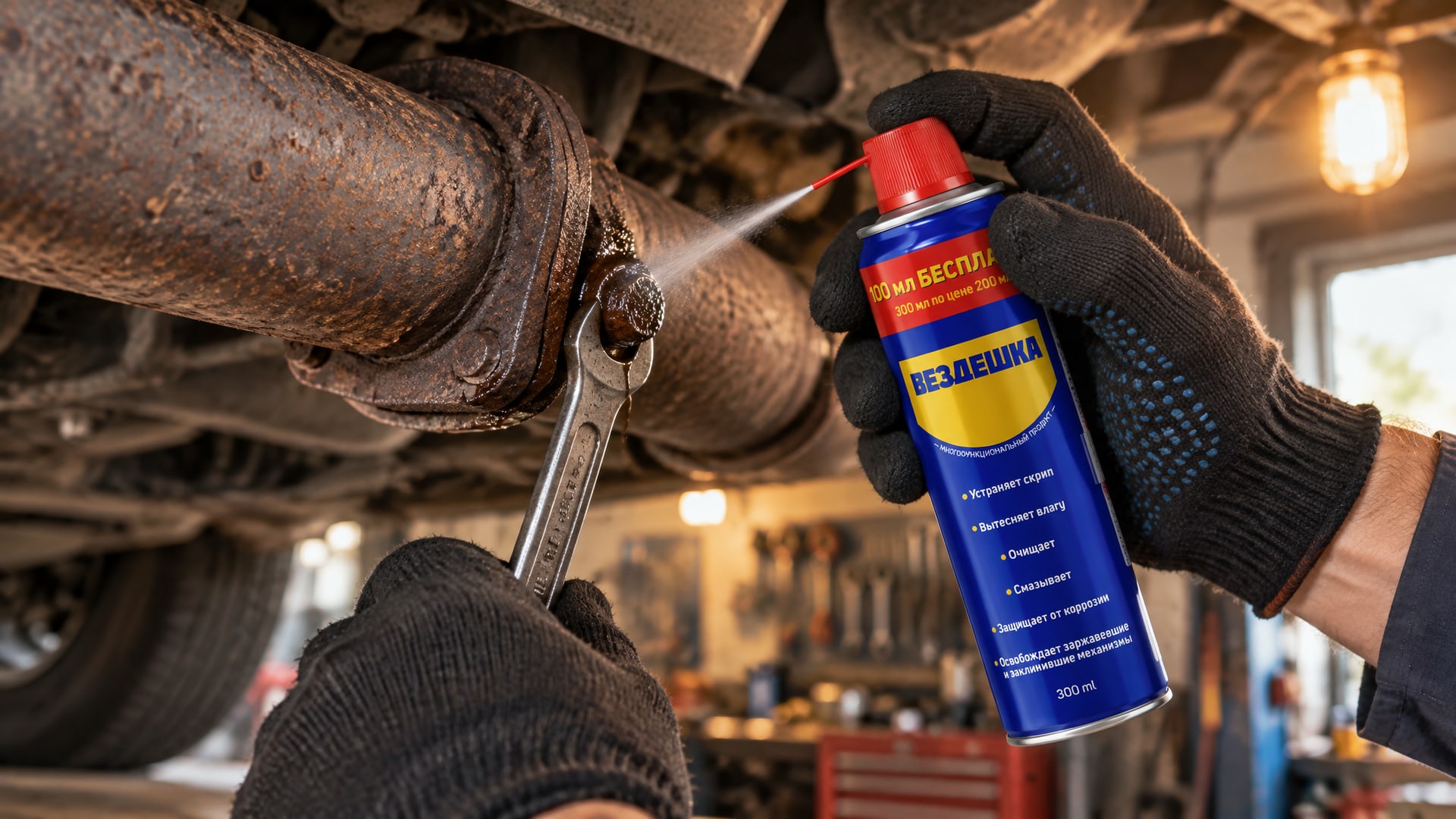 Рука в перчатке наносит универсальную смазку WD40.