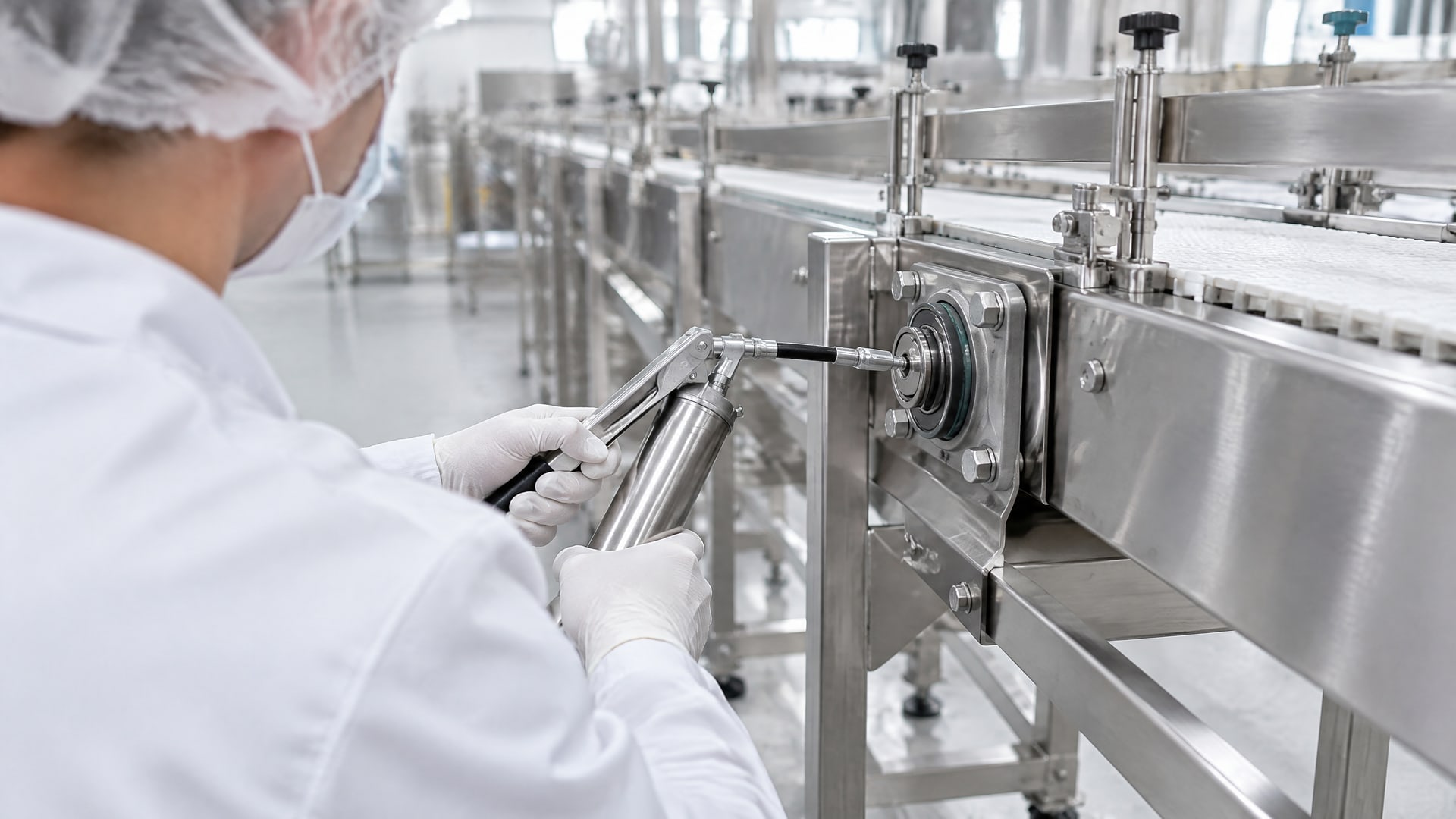 Рабочий в перчатках наносит пищевую смазку nsf h1 на подшипник стального конвейера.