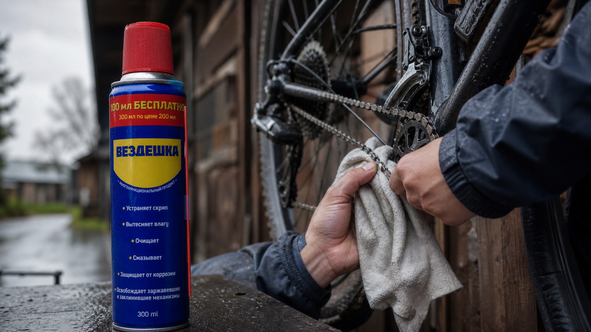 Рука в перчатке наносит универсальную смазку WD-40.