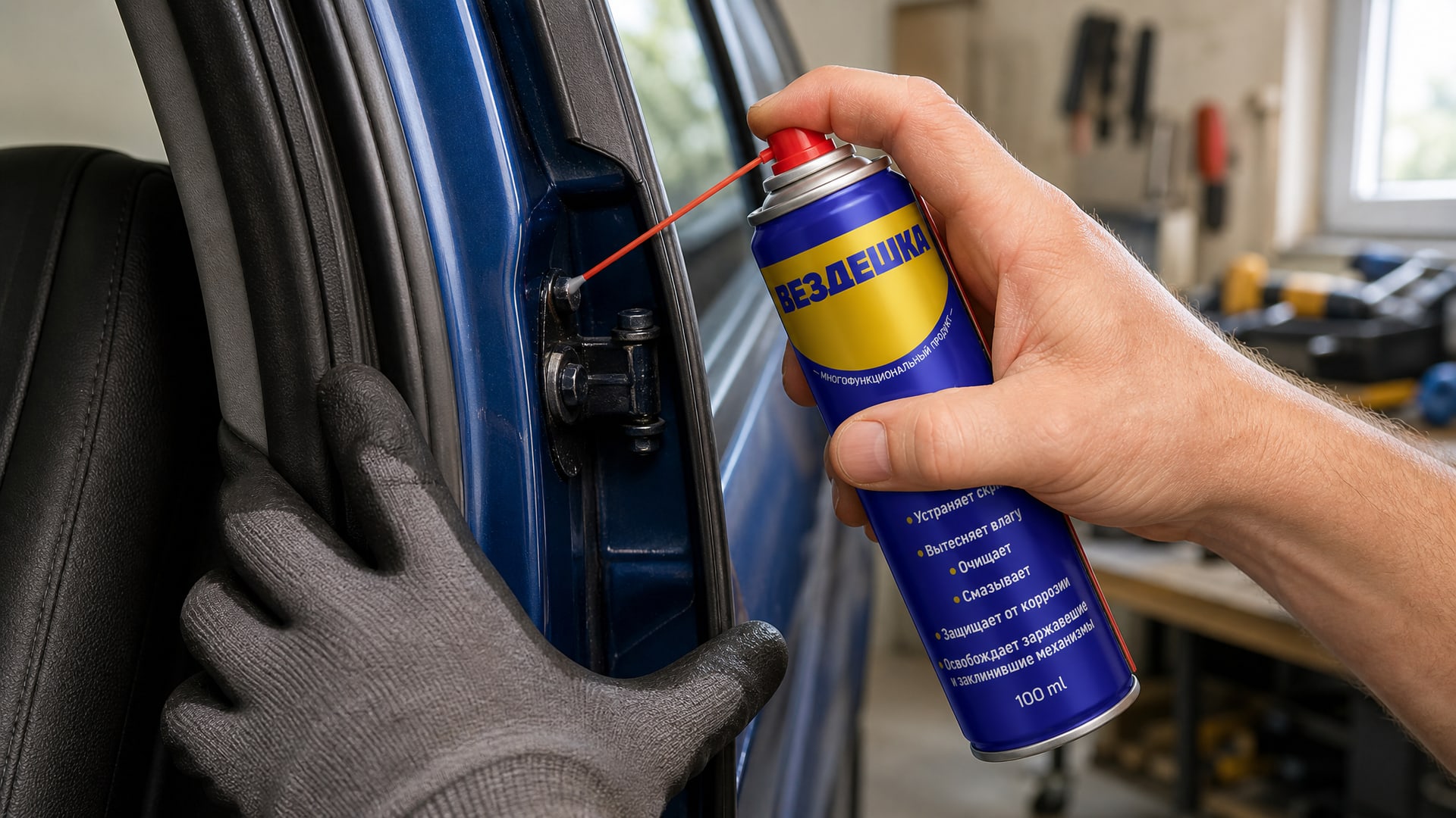 Рука в перчатке наносит универсальную смазку wd-40 на петли автомобиля.