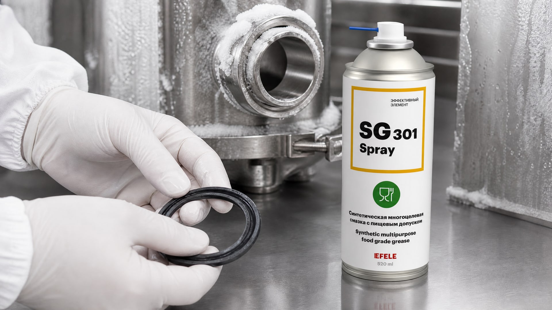 Рабочий наносит аэрозольную смазку EFELE SG-301 Spray (NSF H1) на оборудование.