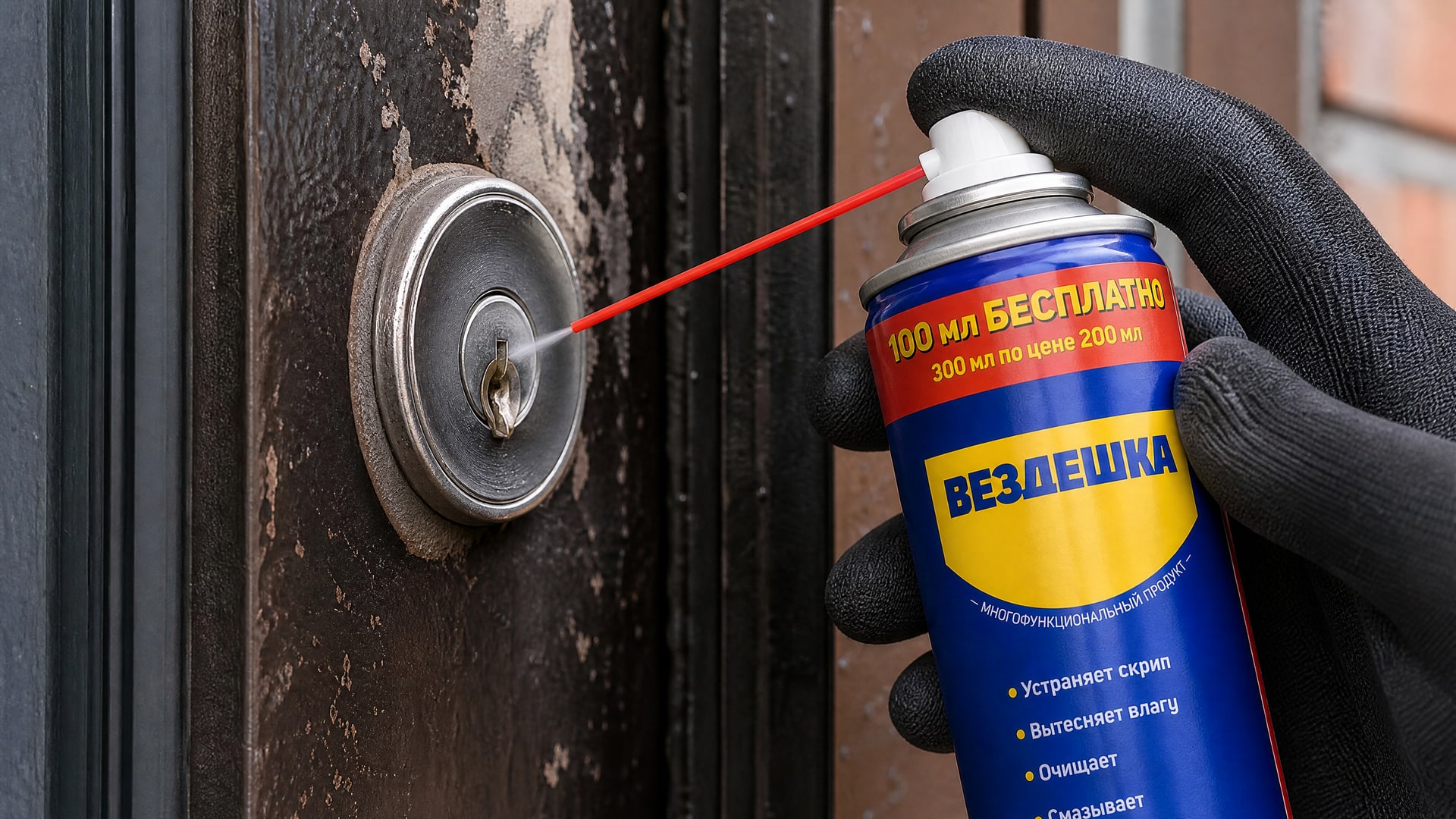 Рука в перчатке наносит универсальную смазку WD40 на замок.