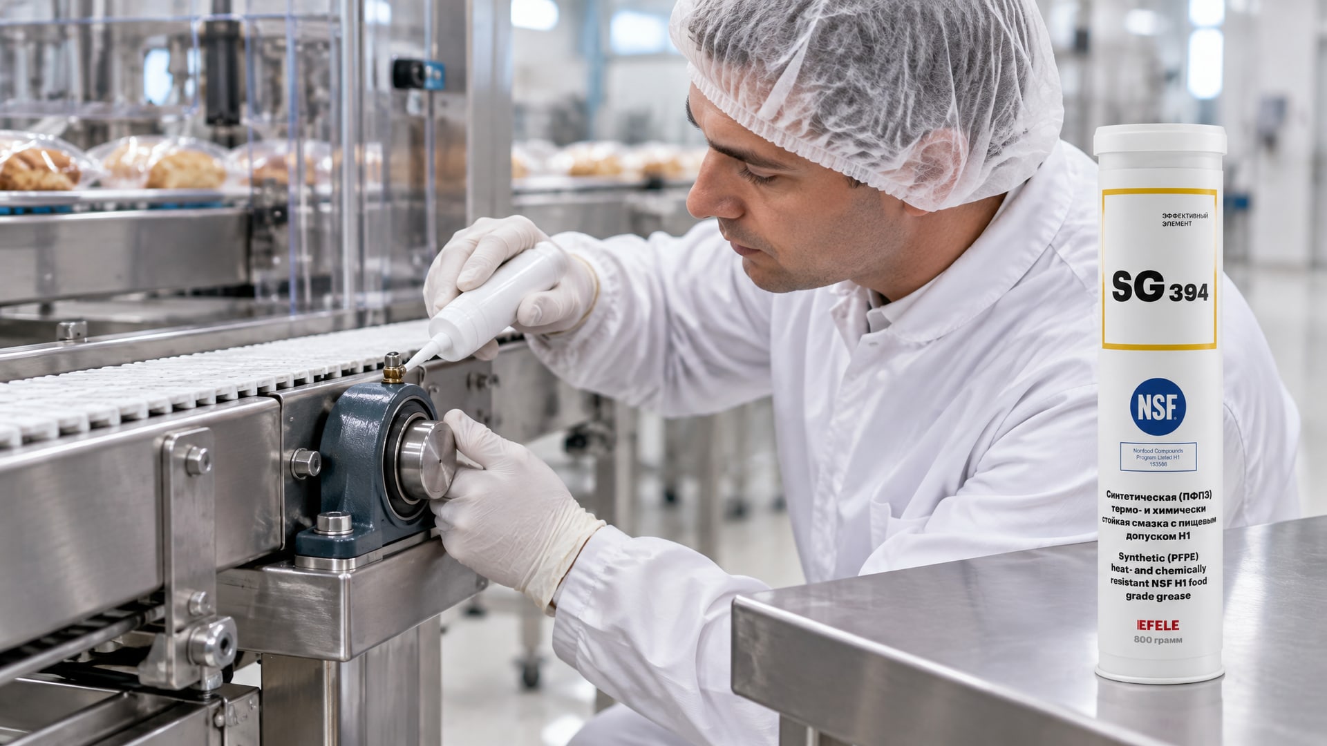 Рука наносит пищевую смазку EFELE SG-394 (термо-химстойкая, NSF H1) на упаковку.