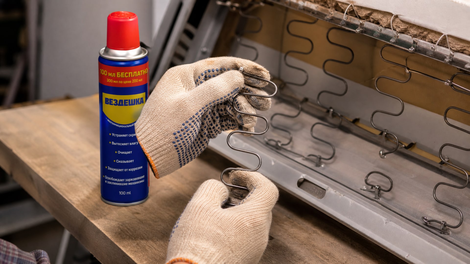 Рука в перчатке наносит универсальную смазку WD40 на детали.