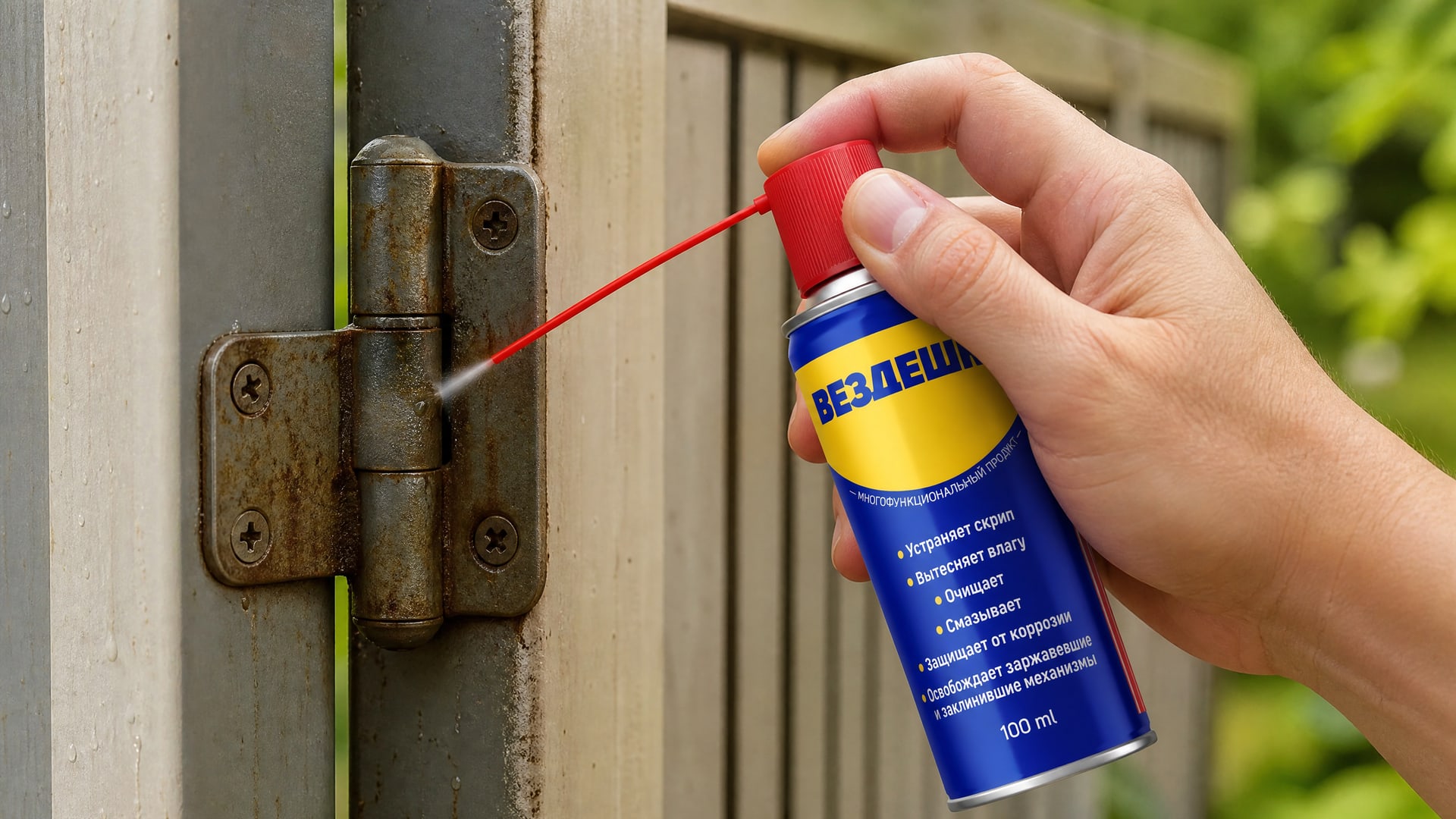 Рука в перчатке наносит универсальную смазку WD40 на петли.