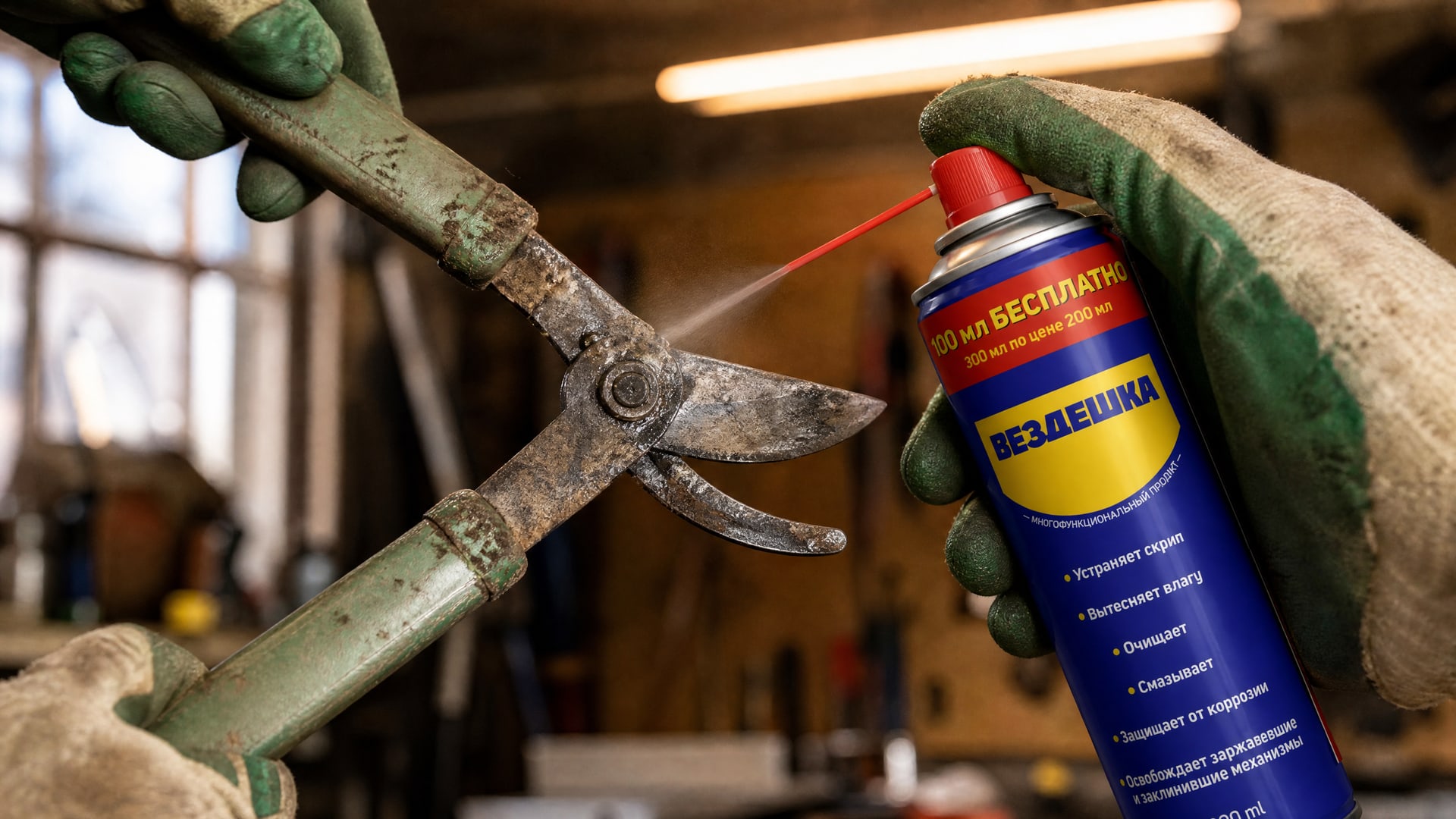 Мужчина в перчатках наносит универсальную смазку wd-40 на садовый инструмент.