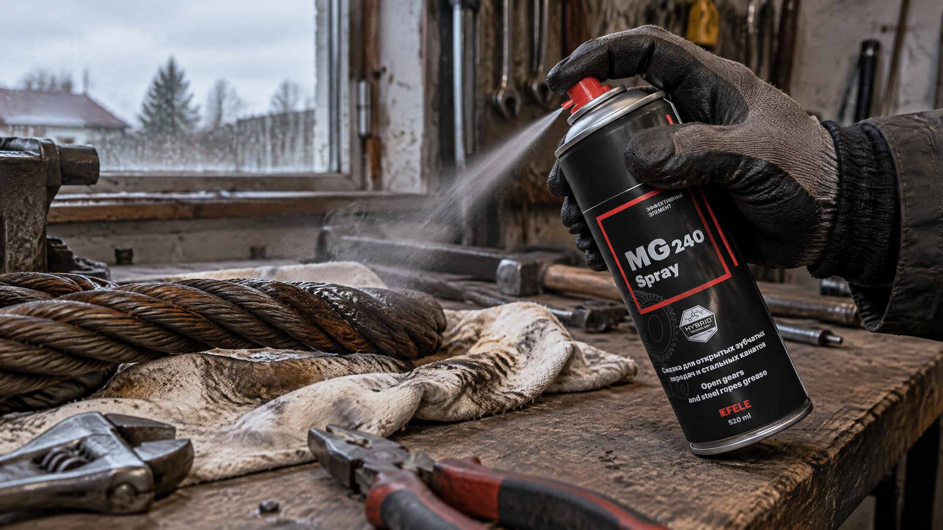 Рука в перчатке наносит смазку EFELE MG-240 Spray на канат.
