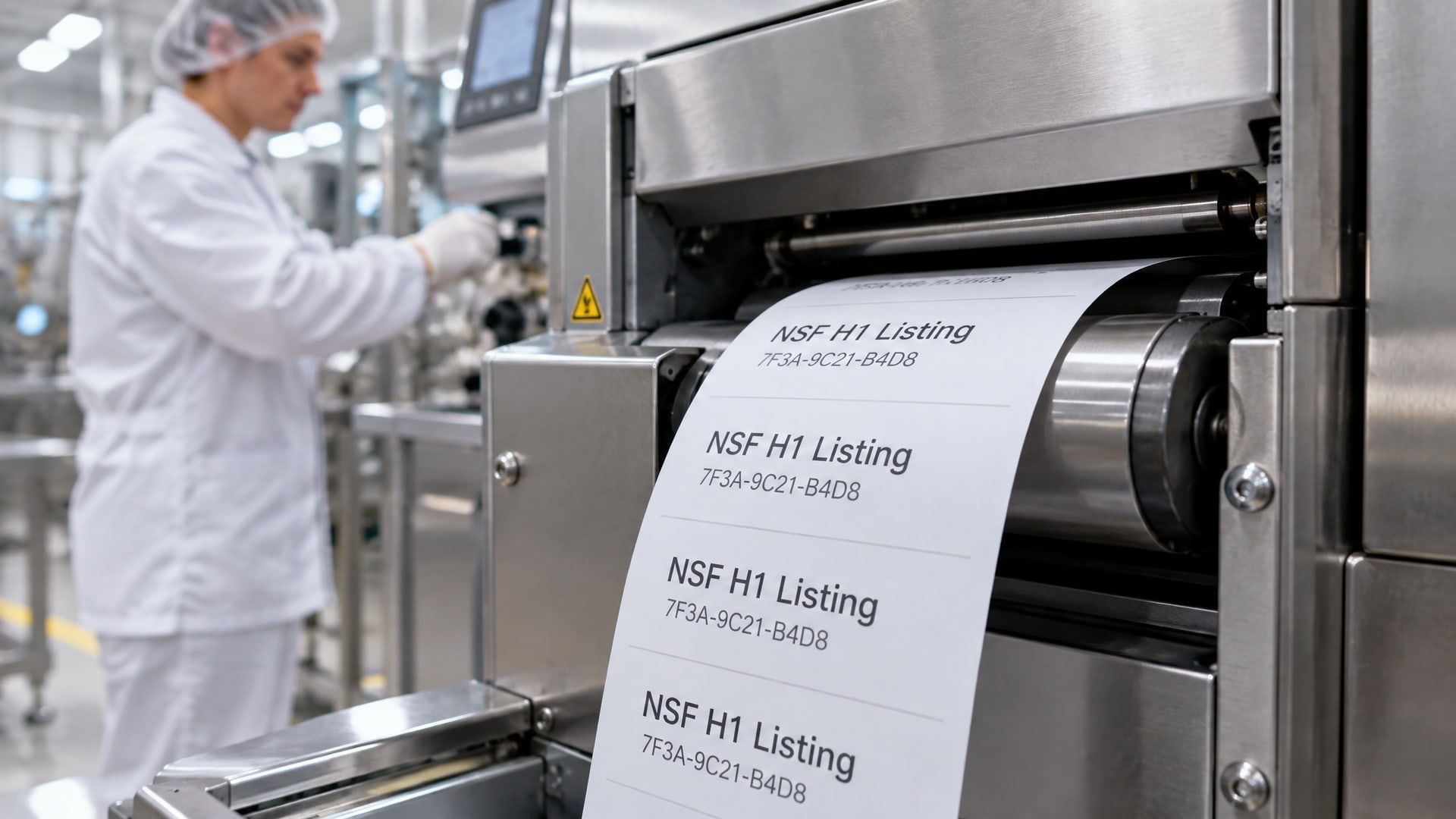 Печать регистрационных документов с номером NSF H1 Listing на промышленном принтере.