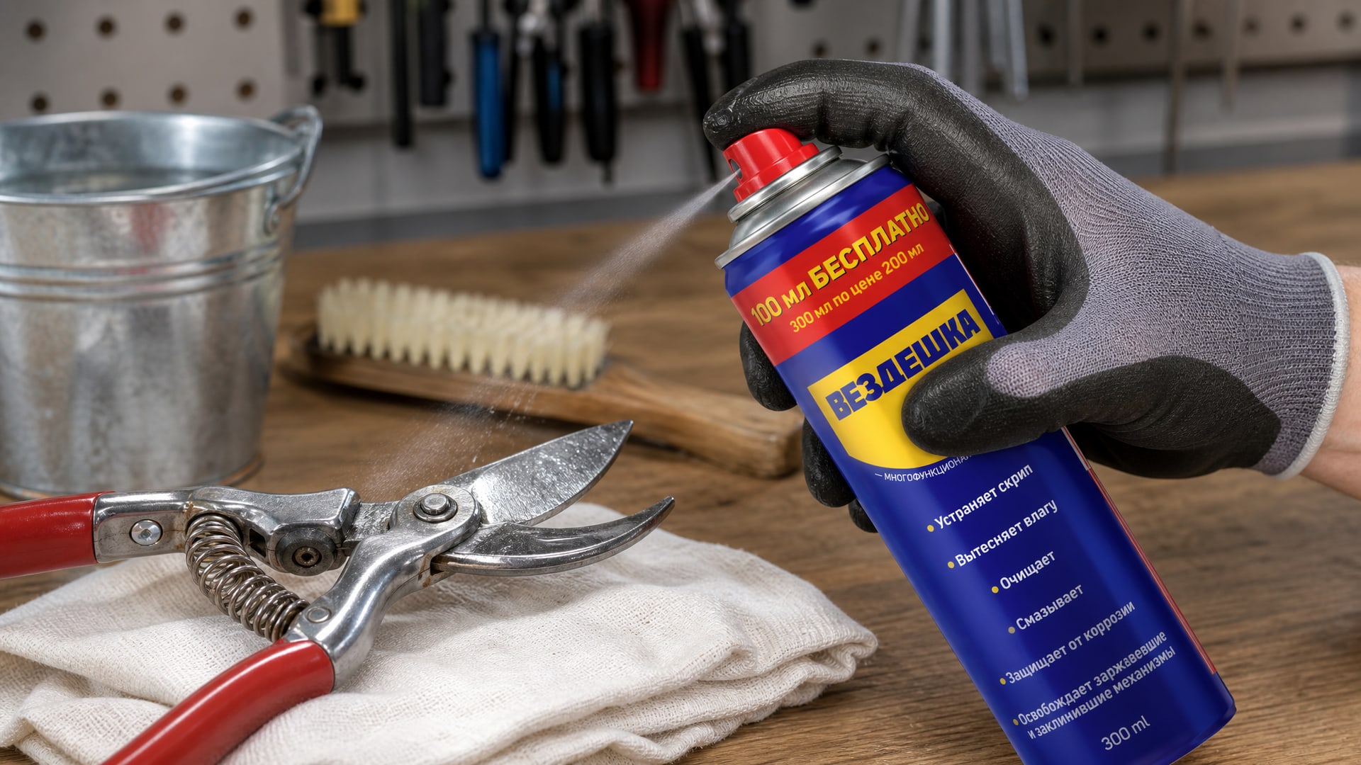Рука в перчатке наносит универсальную смазку wd-40 на инструмент.