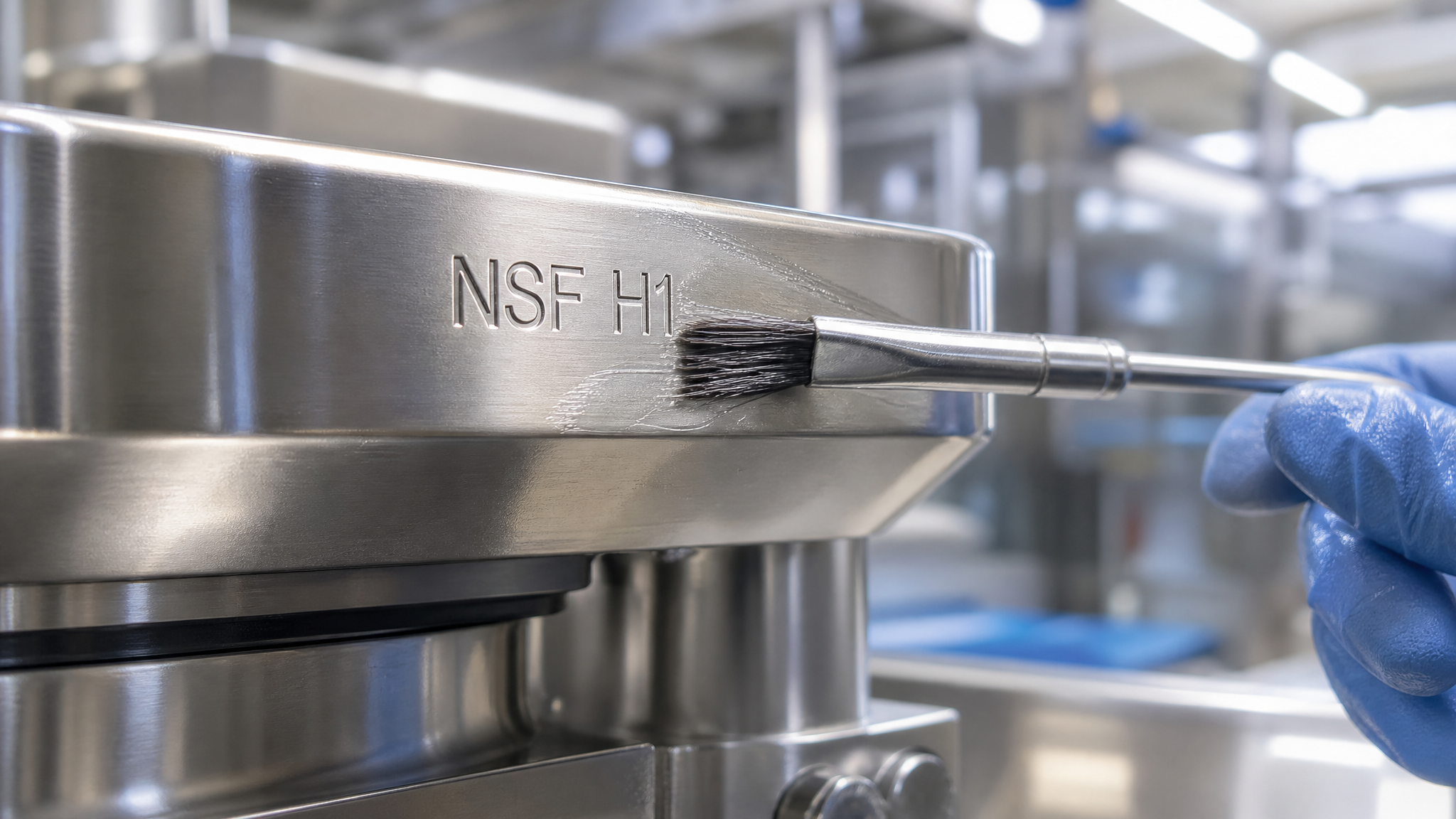 На полированной стальной детали виднеется четкий номер регистрации NSF H1, слегка покрытый смазкой пищевой nsf h1.