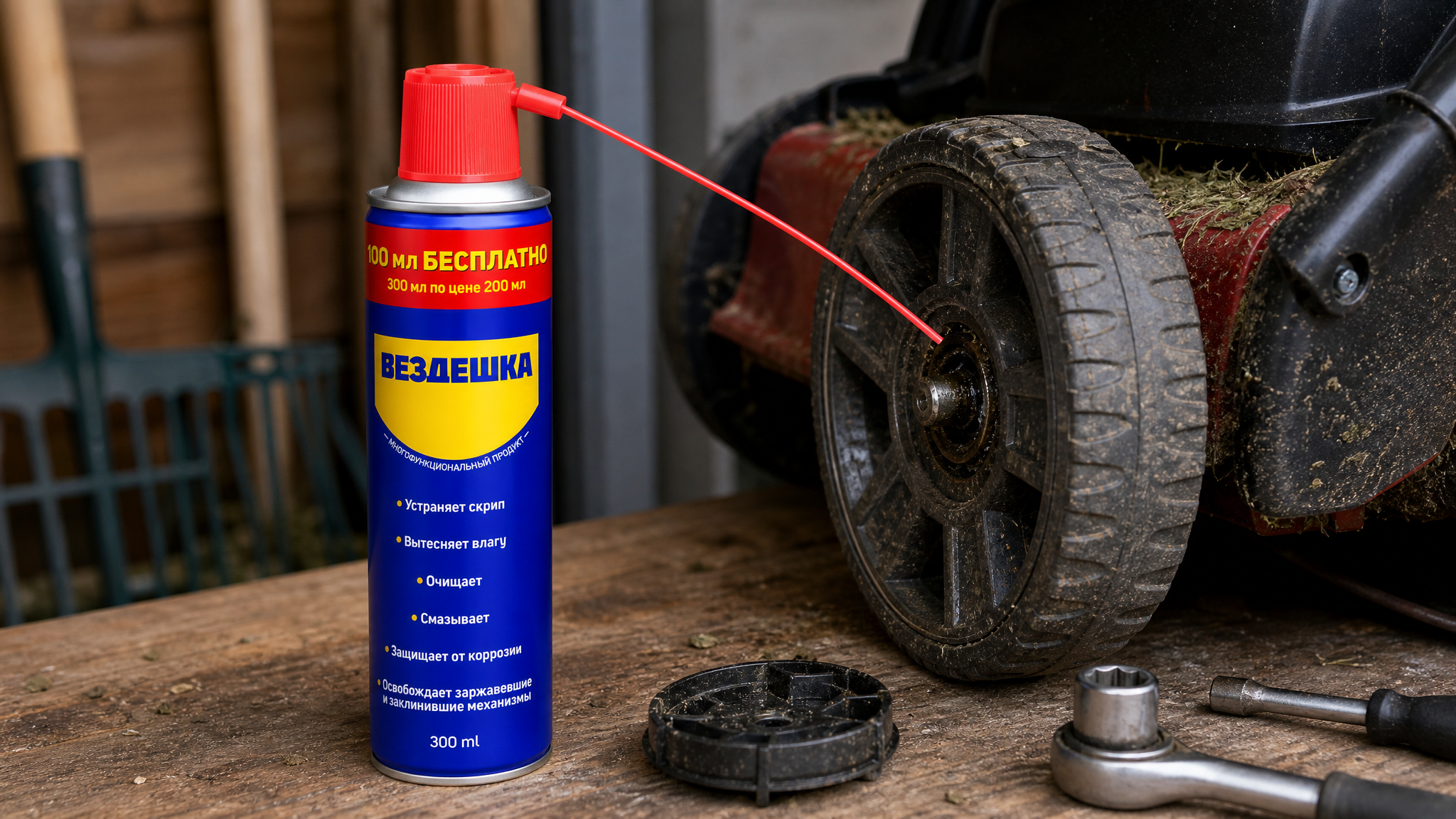 Рука наносит универсальную смазку WD-40 на детали газонокосилки.