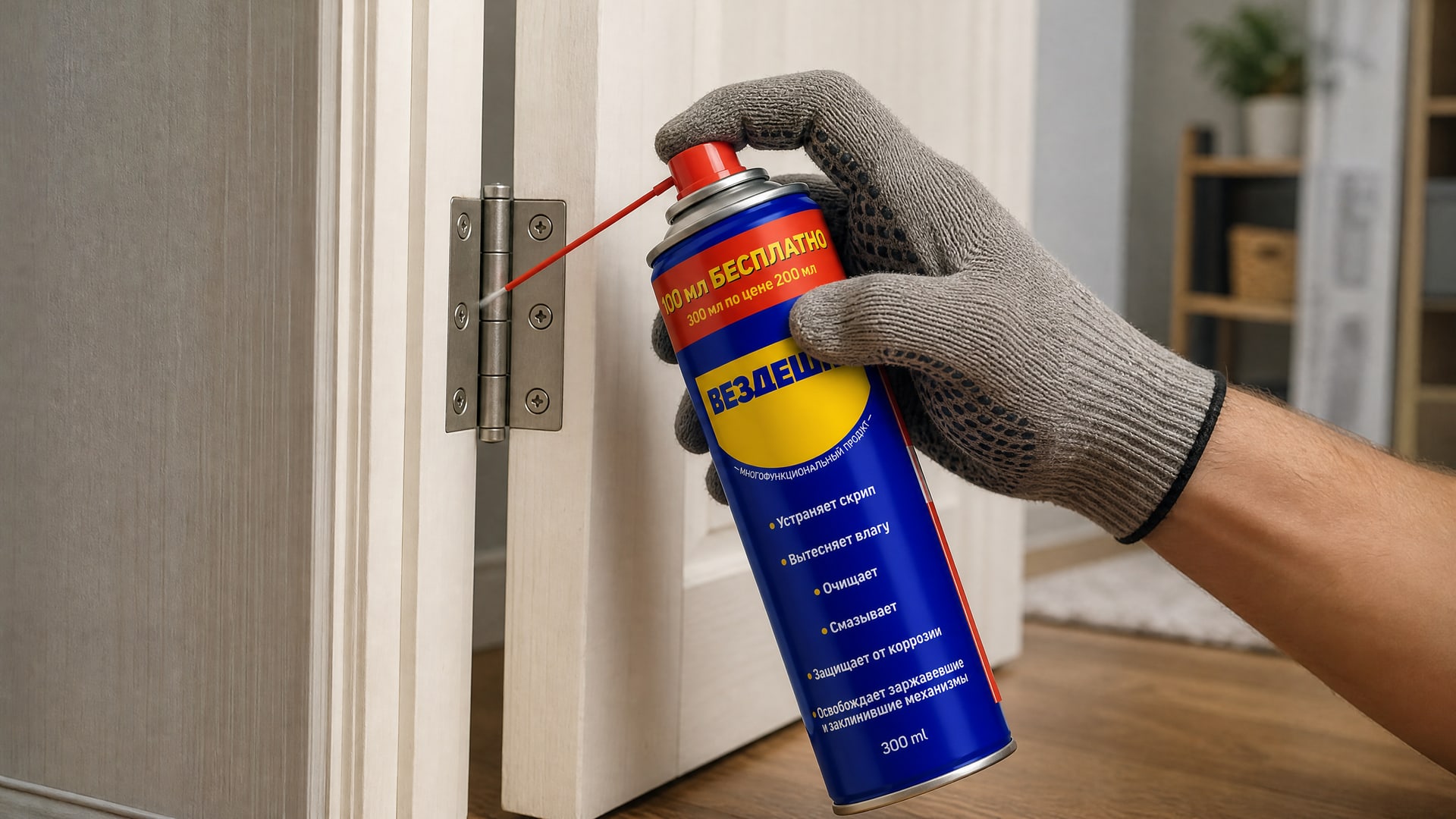 Рука в перчатке смазывает механизм универсальной смазкой WD40.