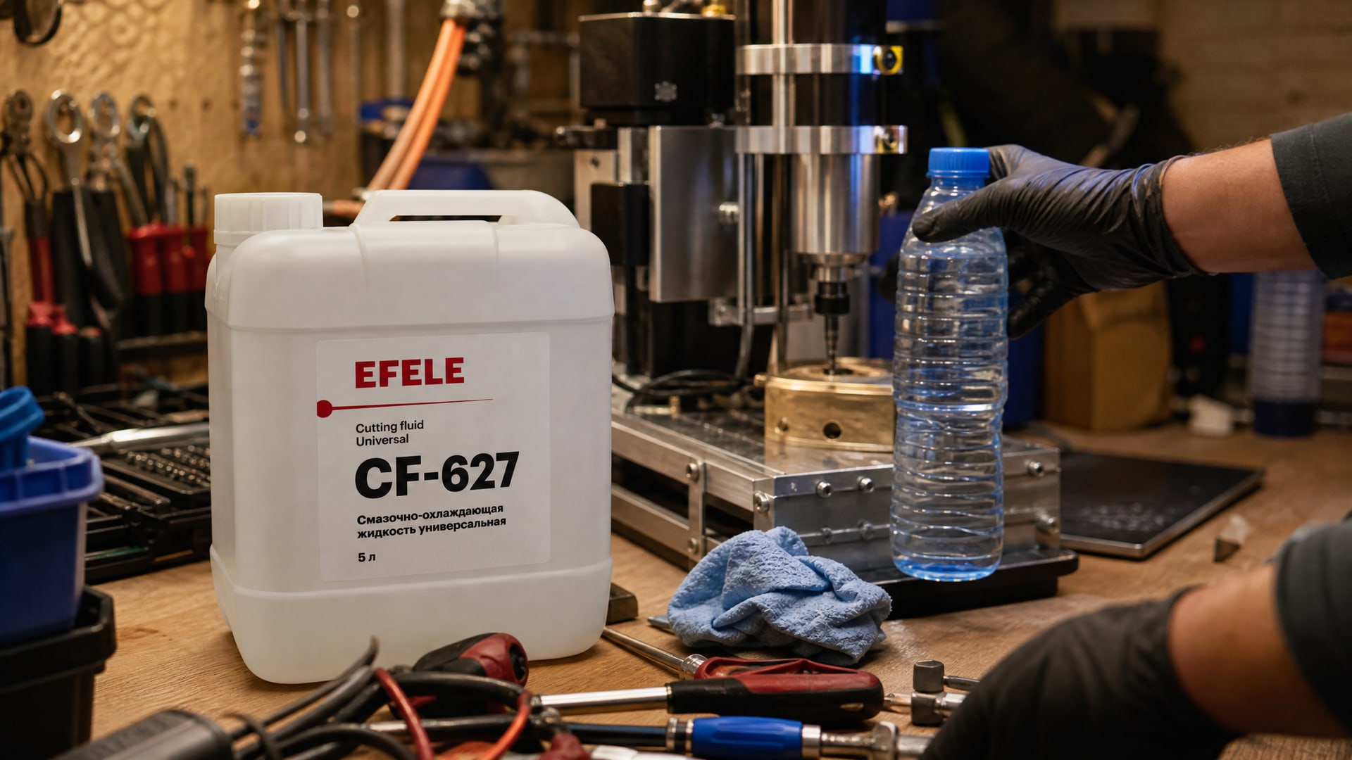 Рука в перчатке наносит EFELE CF-627 (концентрат водосмешиваемой СОЖ) из упаковки.
