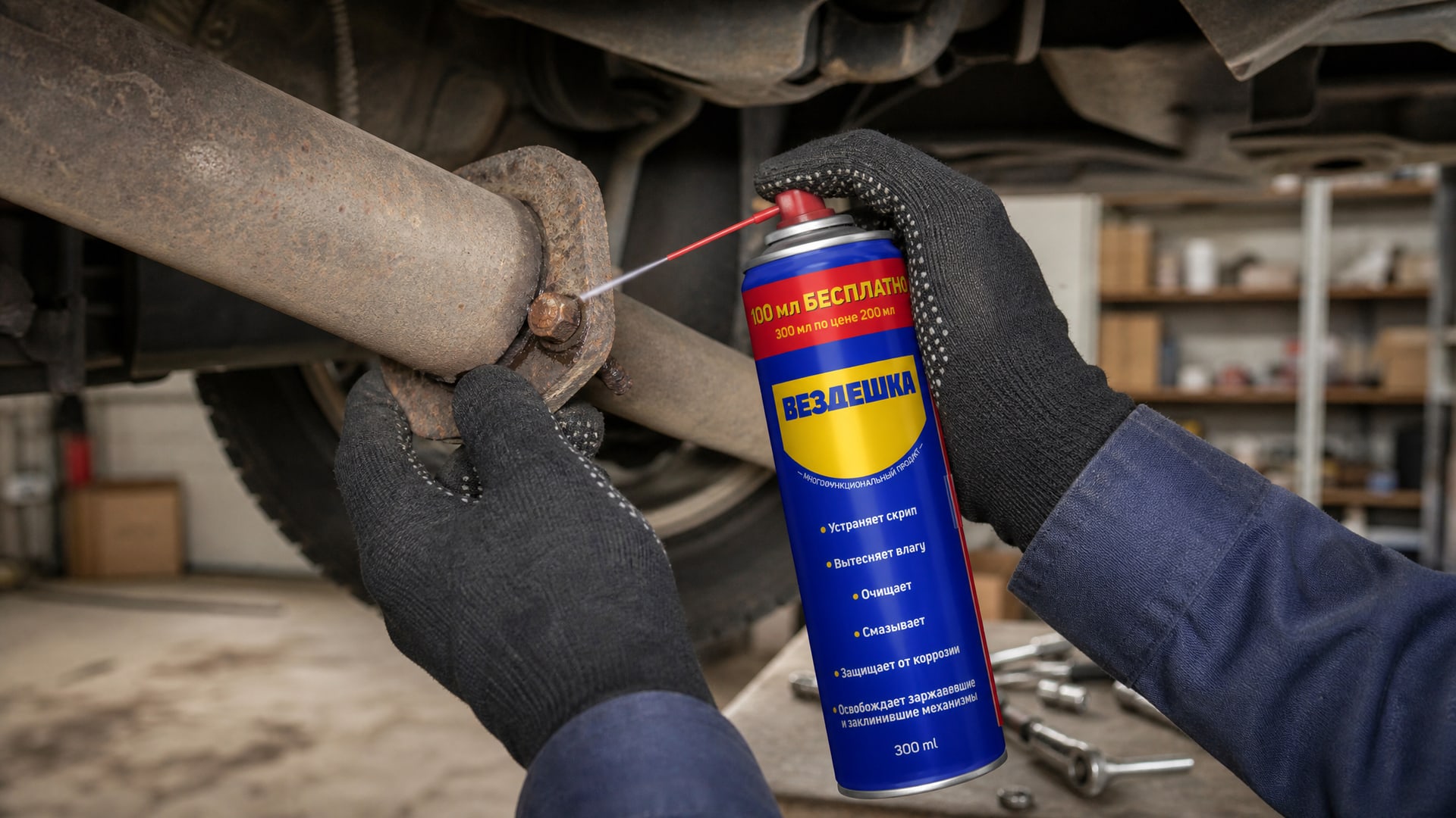 Мужская рука в перчатке наносит универсальную смазку WD40 на болты глушителя. Мужская рука в перчатке наносит универсальную смазку WD40 на болты глушителя.