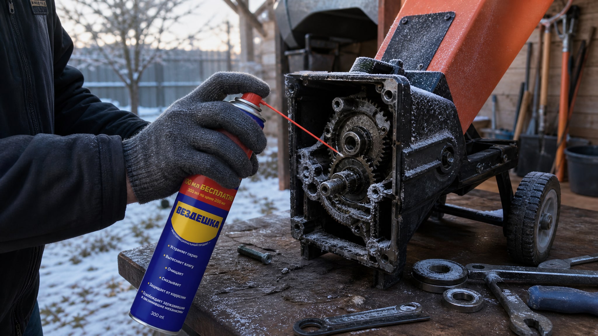 Рука в перчатке наносит универсальную смазку WD-40 на труднодоступные узлы.