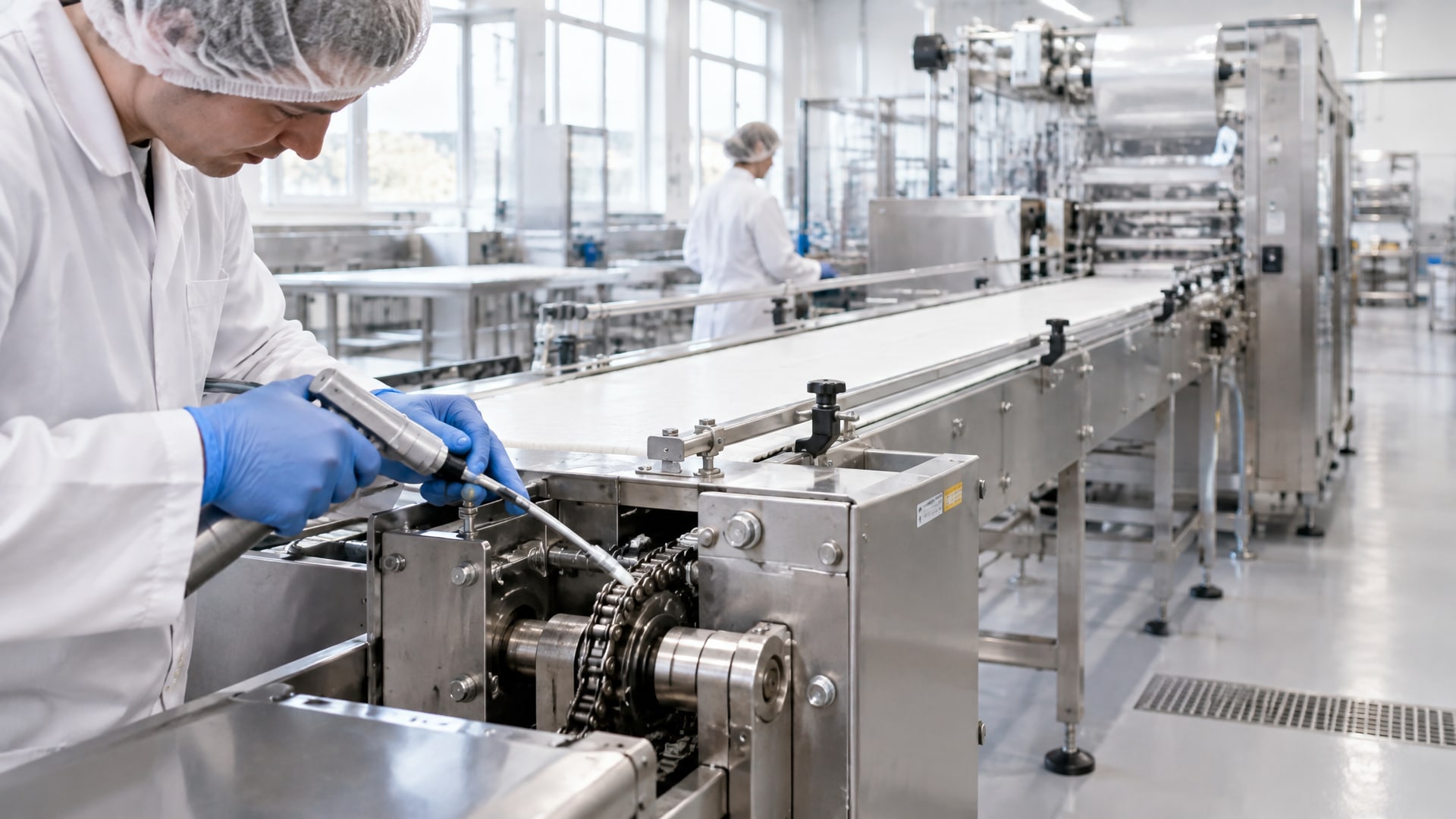 Заводской цех с линией по производству продуктов, где используются аналоги пищевых смазок.