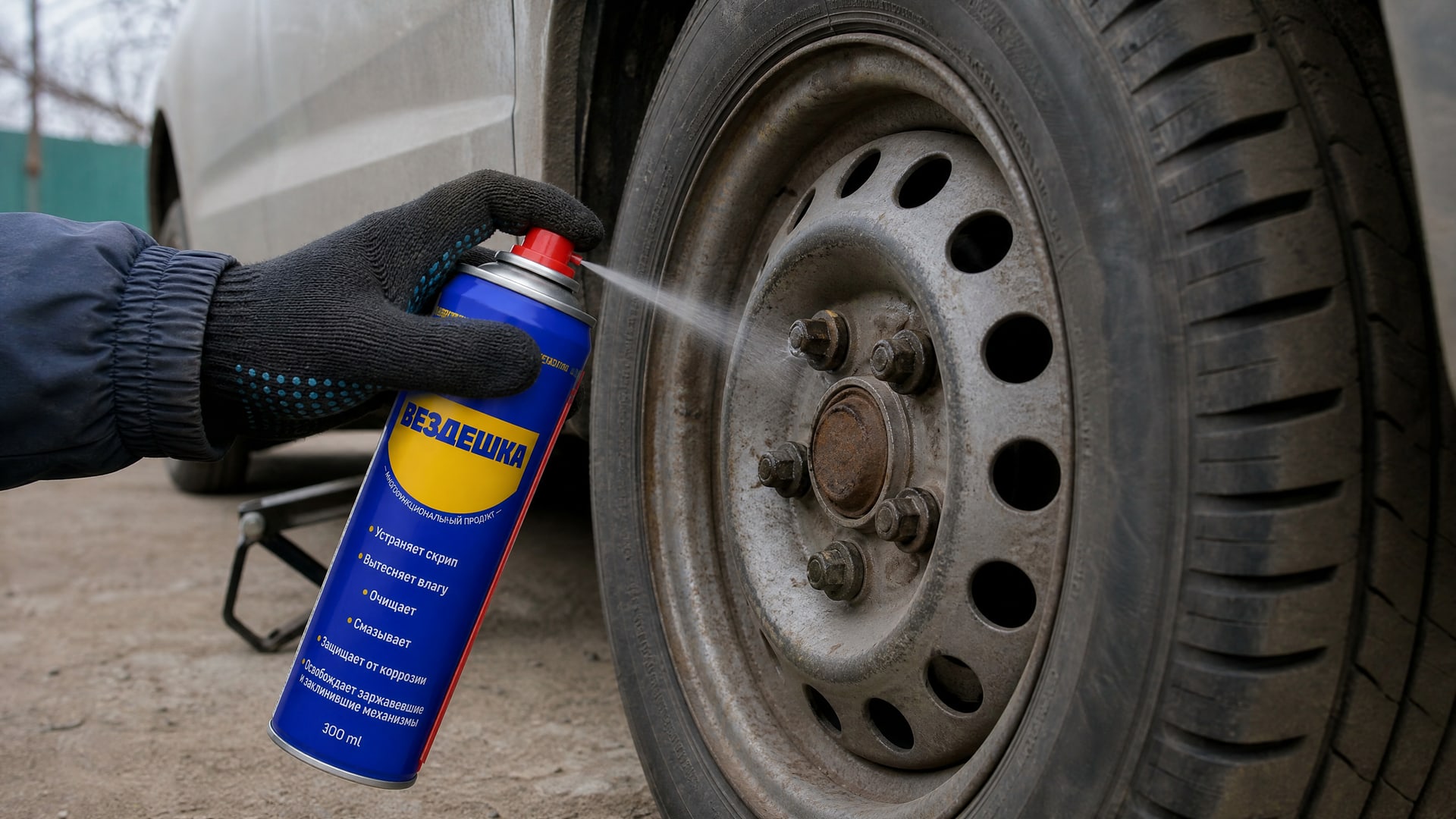 Рука в перчатке наносит универсальную смазку WD-40 на болт.