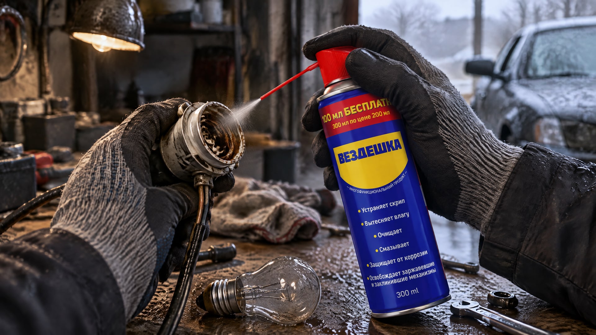 Рука в перчатке наносит универсальную смазку-аэрозоль WD-40.