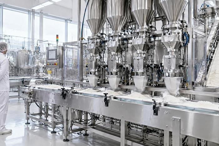 Открытый вид на линию дозирования порошковых продуктов, где смазка дозатора пищевой важна для точности.