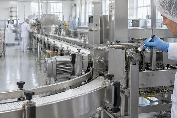 Технолог пищевое производство проверяет работу чистого конвейера с шестернями и роликами.