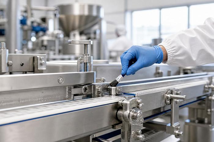 В цехе по производству продуктов питания, смазка h1 наносится на движущиеся части оборудования.