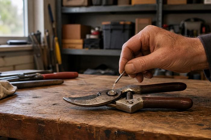 Ручной секатор на деревянном верстаке, капля WD40 наносится на шарнир.