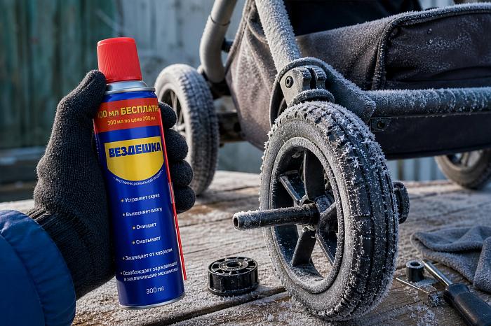 Смазка wd-40 наносится на детали коляски для устранения скрипа.