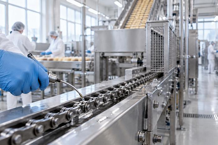 Чистые конвейеры на производстве продуктов питания, смазанные цепным маслом.