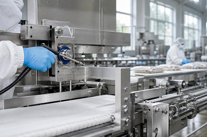 Широкий вид на оборудование замороженных продуктов: конвейер с тонкой пленкой смазки H1.