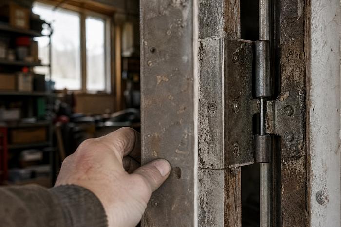 В старом гараже открыта дверь, на петле виден ржавый штифт.