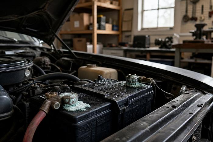 В старом гараже на клеммах автомобильного аккумулятора видны следы коррозии и влаги.