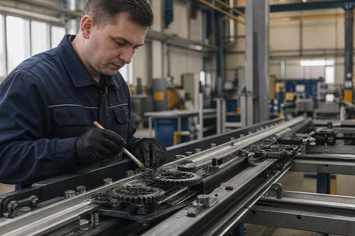 Широкий план заводского цеха, где наносят смазку для оконной фурнитуры.