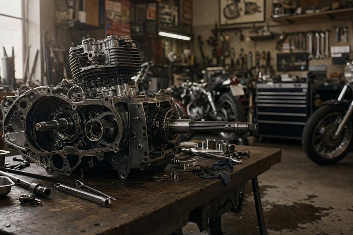 В мотомастерской стоит разобранный двигатель мотоцикла со шлицевым соединением валов.