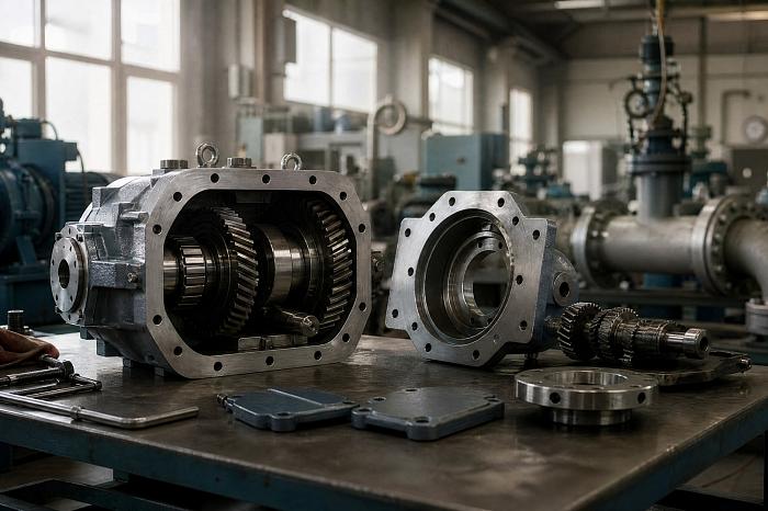 В цеху на полу стоят разобранный редуктор и части фланцевых трубопроводов, возможна замена прокладок фланцевых соединений.