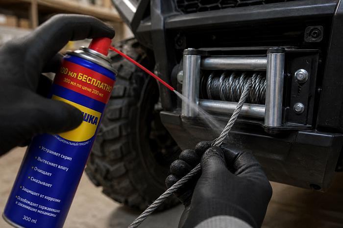 Рука в перчатке наносит универсальную смазку WD40 на трос лебедки.